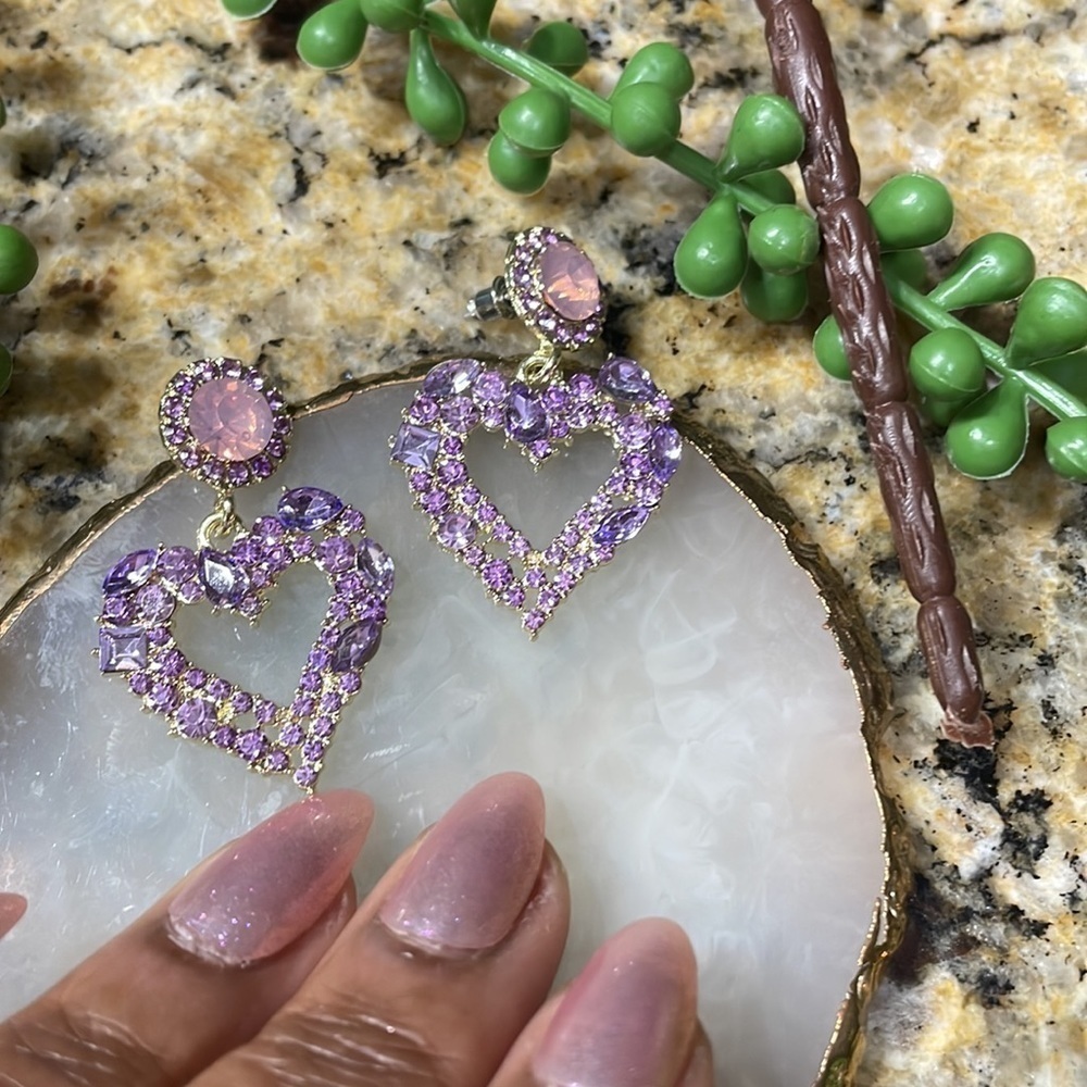 Lavender Crystal Heart Drop Statement Earrings - image 5